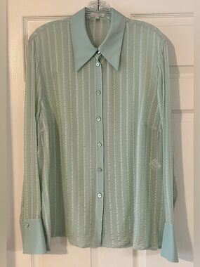 Escada Vintage 100% Silk Light Blue Long Sleeve Sheer Blouse 46 EU